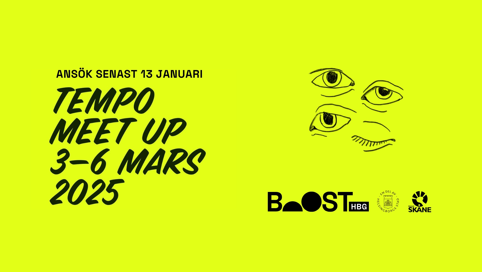 Neongrön bakgrund med texten Tempo Meet up 2025, samt illustration av fyra ögon, varav ett stängt