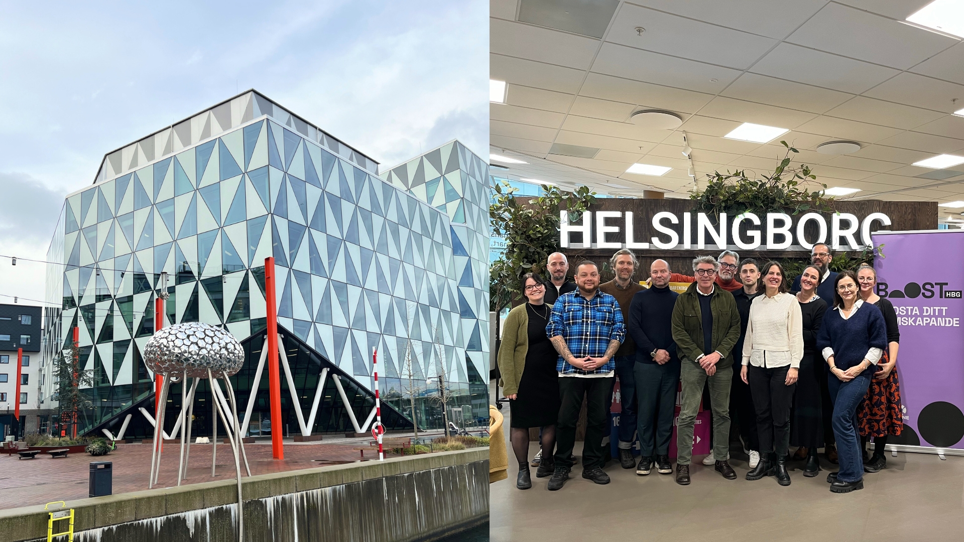 Bild på Parken - ett modernt kontorshus med en unik fasad i glas och en skulptur i förgrunden. Till höger syns ett foto på en grupp människor som står framför en stor 'HELSINGBORG'-skylt, med en lila banner från BoostHBG. Gruppen består av flera personer, som alla poserar leende tillsammans.