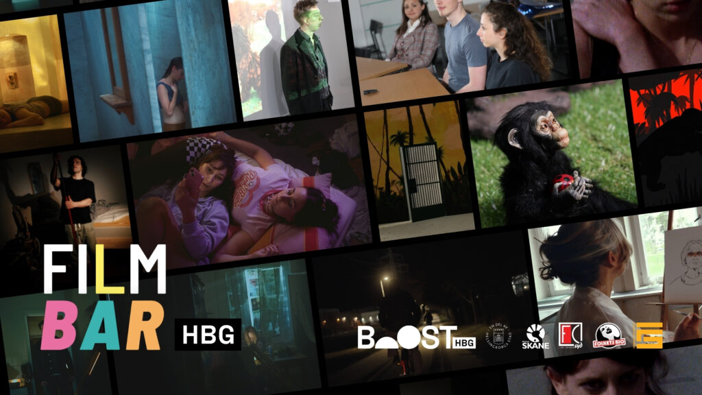 Collage av stillbilder från kortfilmer med "FILMBAR HBG" logotyp nere i vänstra hörnet