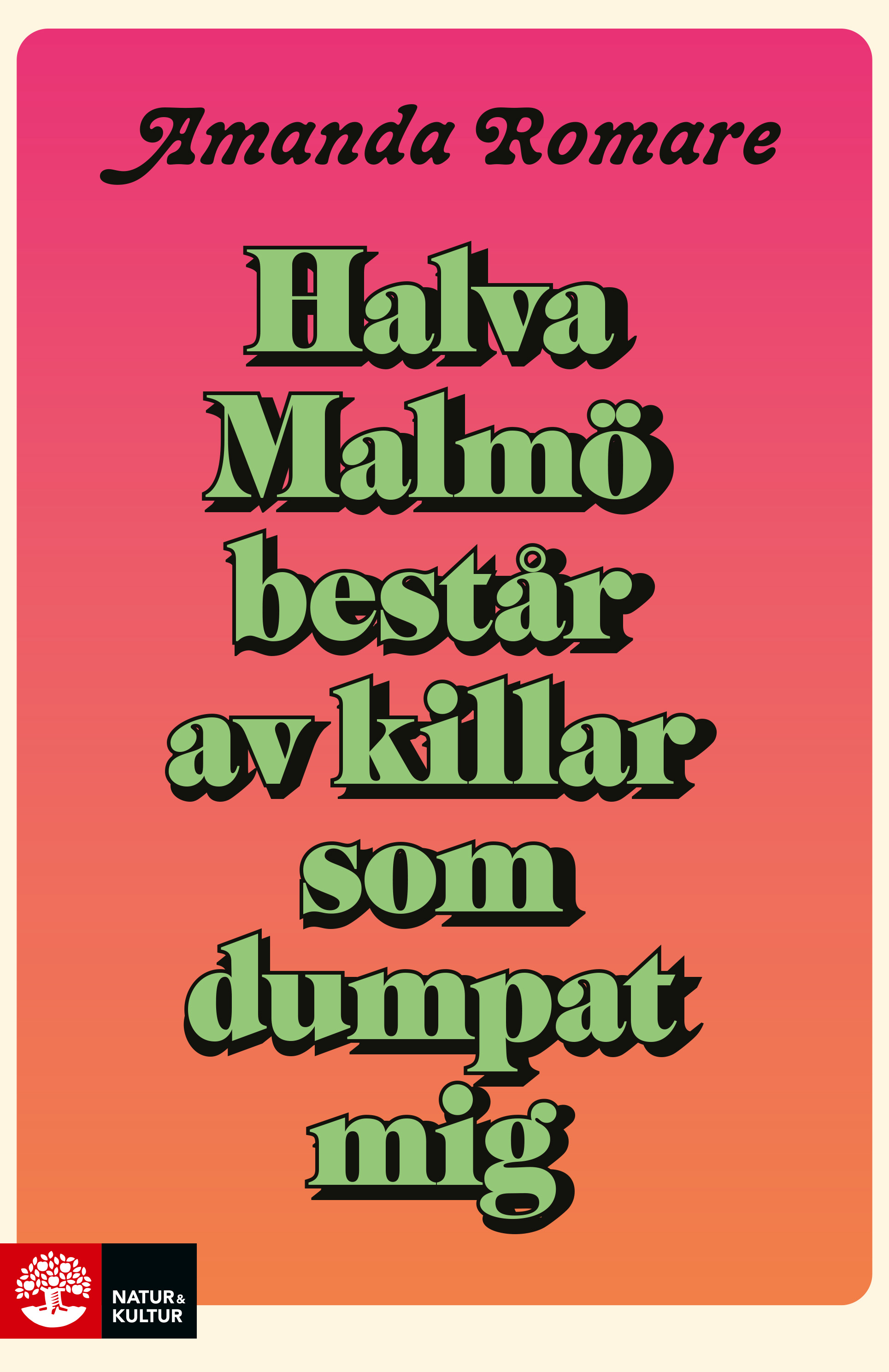 Omslag till boken i rosa med titeln i gröna bokstäver