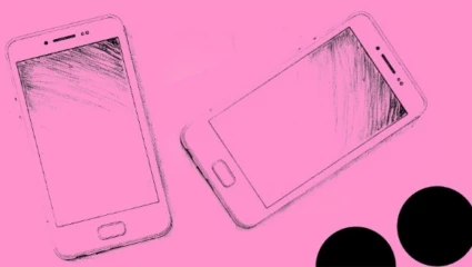 tecknade mobiltelefoner på rosa bakgrund