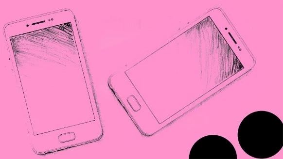 tecknade mobiltelefoner på rosa bakgrund
