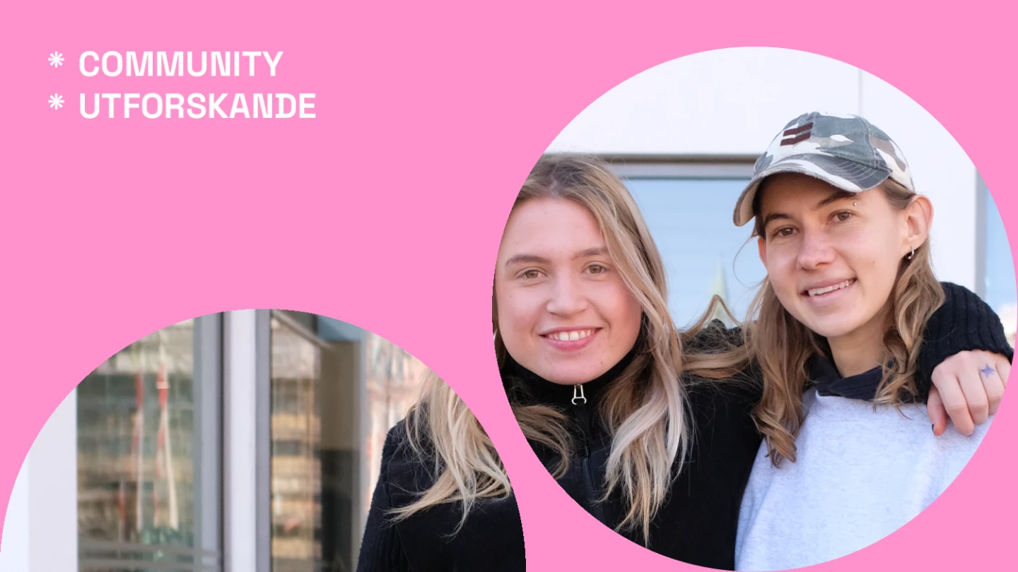 Bild på två kvinnor. De ler och den ena har armen om den andres axlar Text i bild: Community, Utforskande