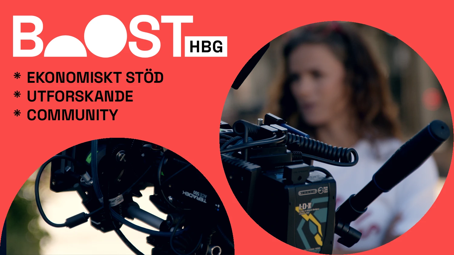 Bild som illustrerar nya stöd med bild på filmkamera och en kvinna ur fokus i bakgrunden. Text i bild: BoostHGB Ekonomiskt stöd, Utforskande, Community