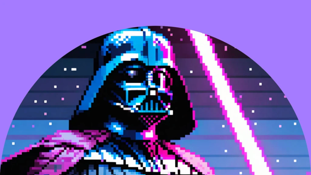 Darth Vader i en datorpixlig bild i samma still som datorspel från 1980-talet.