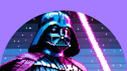 Darth Vader i en datorpixlig bild i samma still som datorspel från 1980-talet.