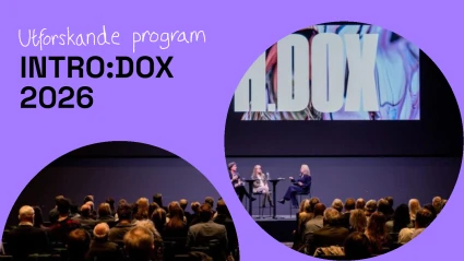 Text: Utforskande program: INTRO:DOX Bild på konferenassal med panelsamtal på scen.