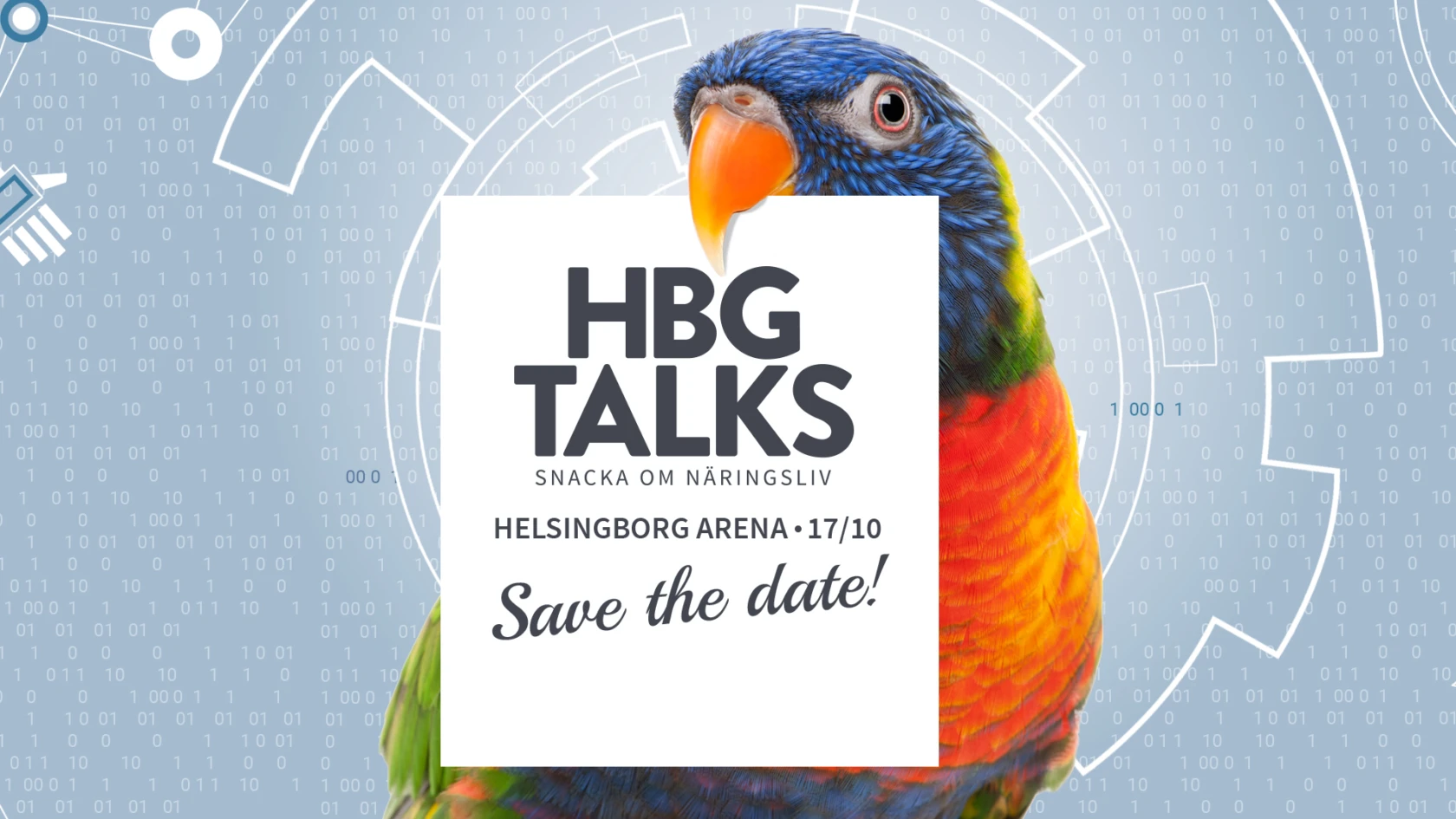 Papegoja med skylt i näbben som informerar om näringslivseventet Hbg Talks 2018.