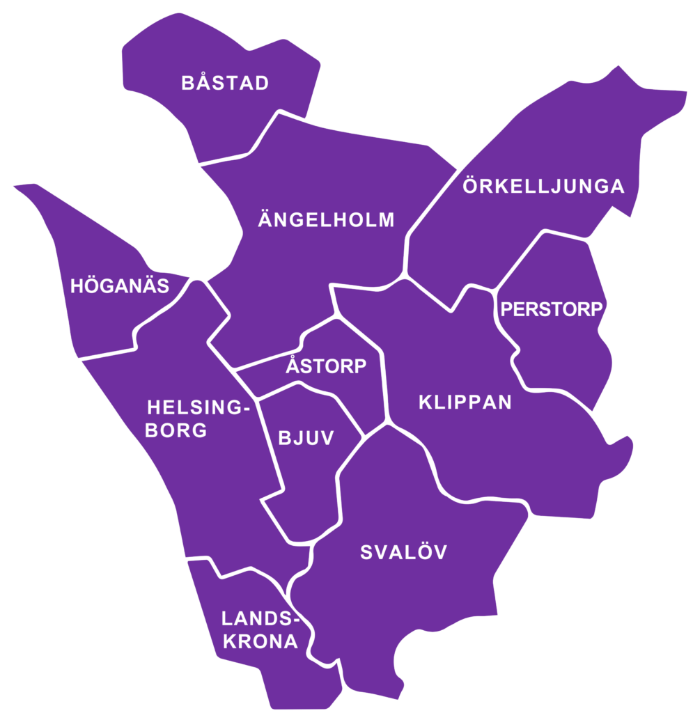 karta över Familjen Helsingborg, där varje kommun finns med i text. Bjuv, Båstad, Helsingborg, Höganäs, Klippan, Landskrona, Perstorp, Svalöv, Ängelholm, Åstorp och Örkelljunga.