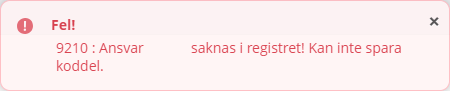 Bilden visar texten: Fel! 9210: Koddel saknas i registret! Kan inte spara koddel.