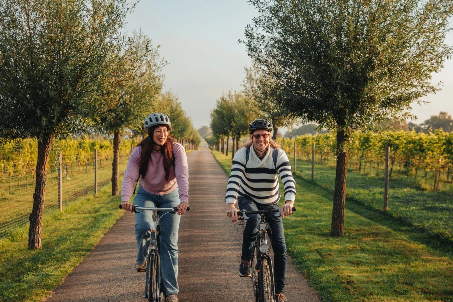 en man och en kvinna cyklar en väg mellan vinfält