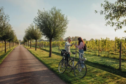 två personer pausar på cykel vid ett vinfält
