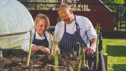 Två personer planterar grönsaker