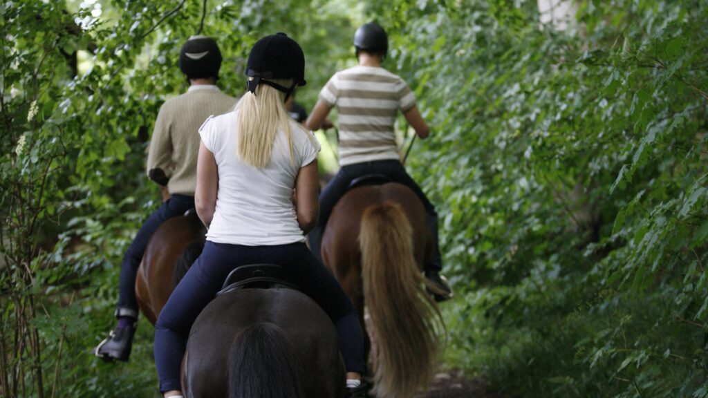 Tre personer rider på hästar