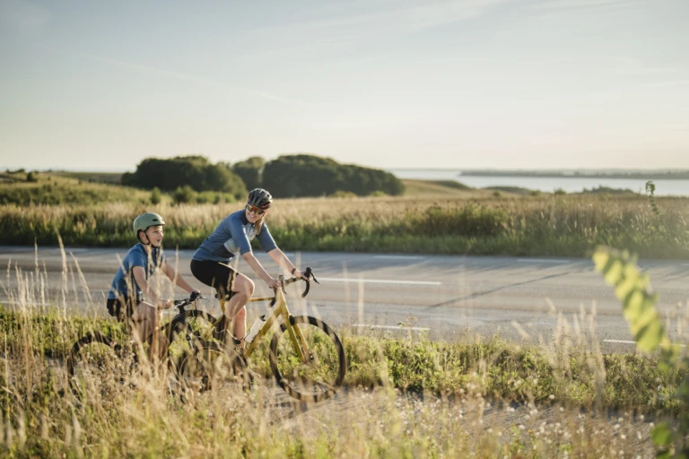 Mamma och barn cyklar med havet och ven som utsikt.