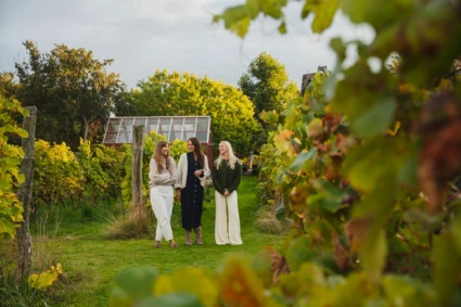 tre kvinnor går bland uppväxta vinfält.