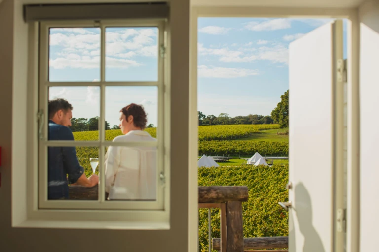 två personer utanför ett fönster blickandes mot vinfälten på Arilds vingård